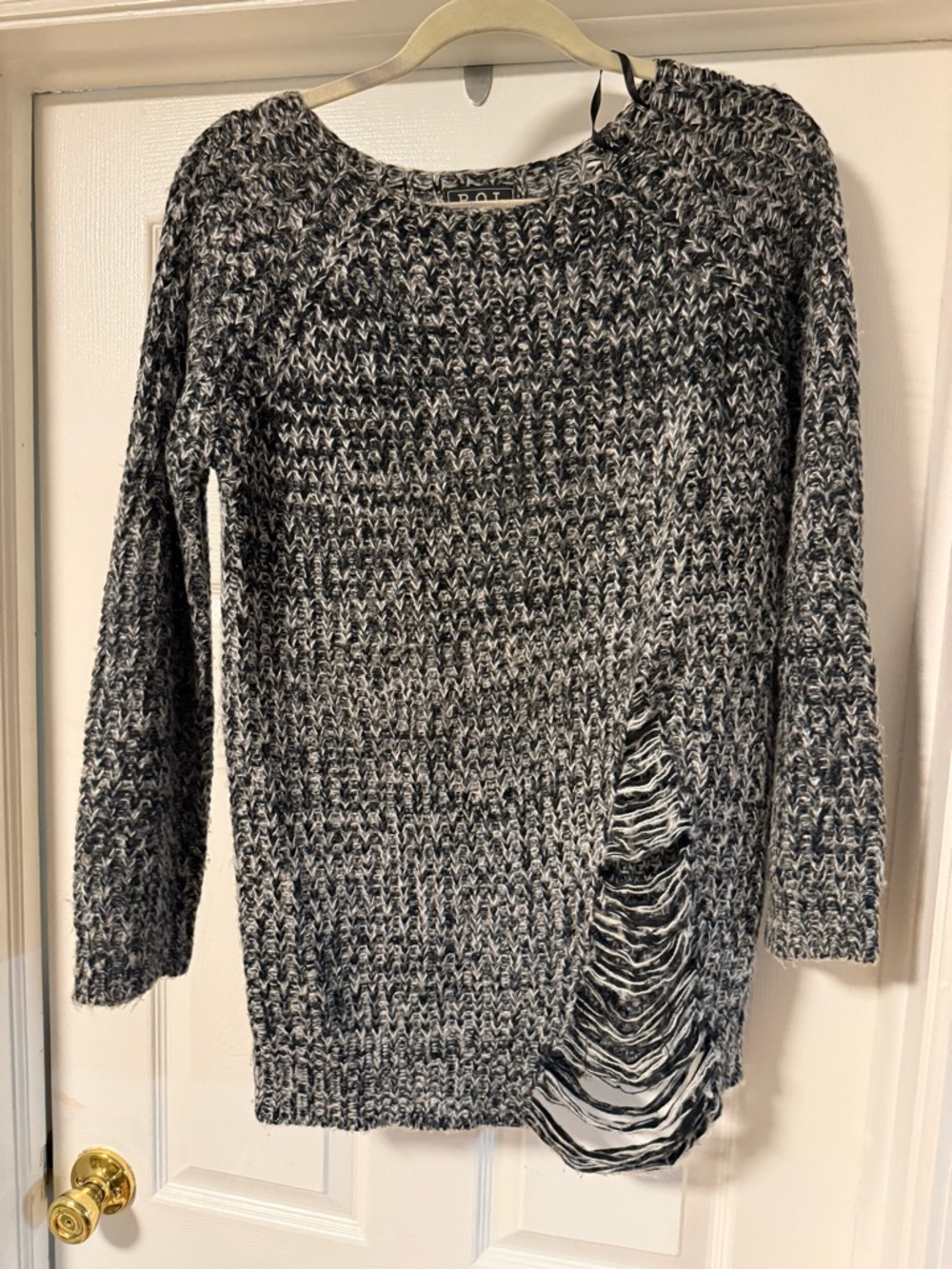 POL Black & White Marled Crewneck Sweater with Fringe Detail